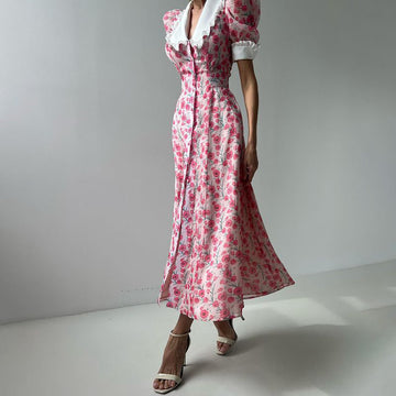Women's Summer Printing Dolls To Receive Waist Thin Temperament Bubble Sleeve Dress